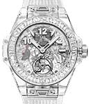 Big Bang Tourbillon Power Reserve 5 days in Sapphire Crystal with 48-Baguette Diamonds Bezel on White Lined Rubber Strap with Skeleton Dial