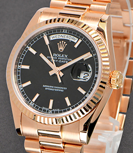 President 36mm in Rose Gold with Fluted Bezel on President Bracelet with Black Stick Dial