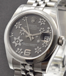 Mid Size Datejust in Steel with Smooth Bezel on Jubilee Bracelet with Rhodium Floral Dial