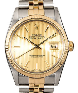 2-Tone Datejust 36mm with Yellow Gold Fluted Bezel on Jubilee Bracelet with Champagne Tapestry Stick Dial