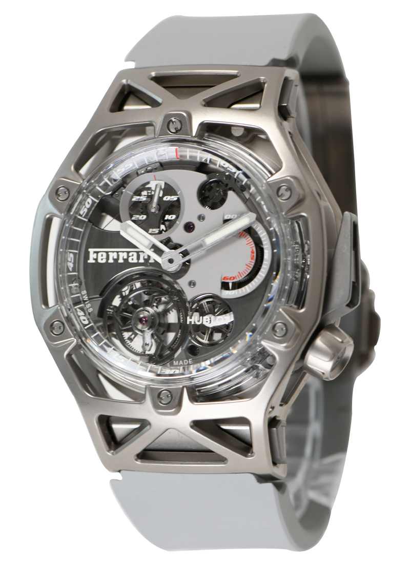 Techframe Ferrari Tourbillon Chronograph in White Gold with Titanium Screws  on Grey Rubber Strap with Opalin Grey Dial - Limited Edition of 70 Pieces