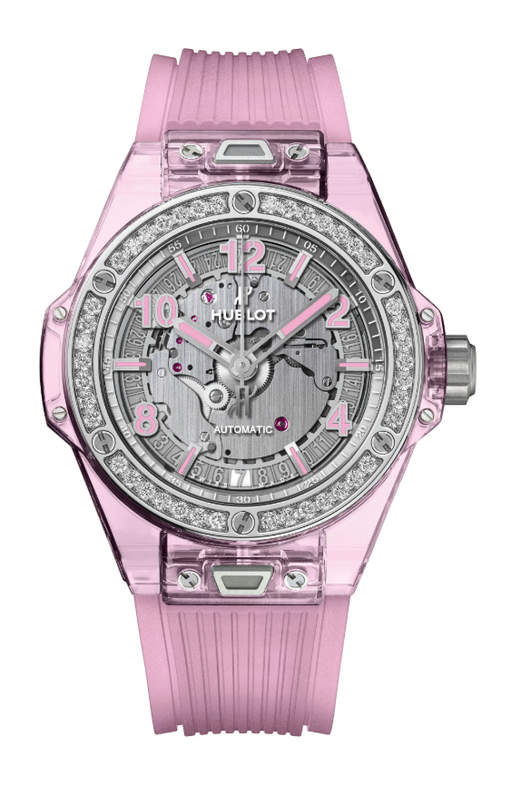 Big Bang One Click 39mm in Sapphire Crystal with Steel Diamond Bezel on Pink Lined Rubber Strap with Sapphire Crystal Dial