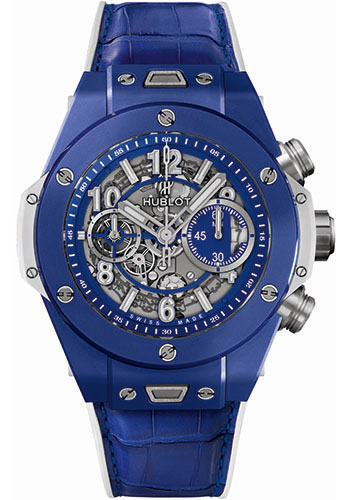 Big Bang Blue Cannes and Saint-Tropez 45mm in Blue Ceramic on Blue Alligator and White Rubber Strap with Blue Dial