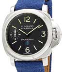 PAM 777 - Luminor Marina Logo 44mm in Steel On Blue Canvas Strap with Black Dial