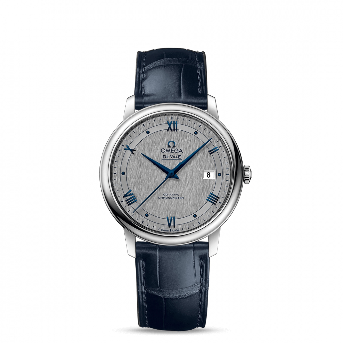 De Ville Prestige Co-Axial in Steel on Blue Leather Strap with Grey Dial
