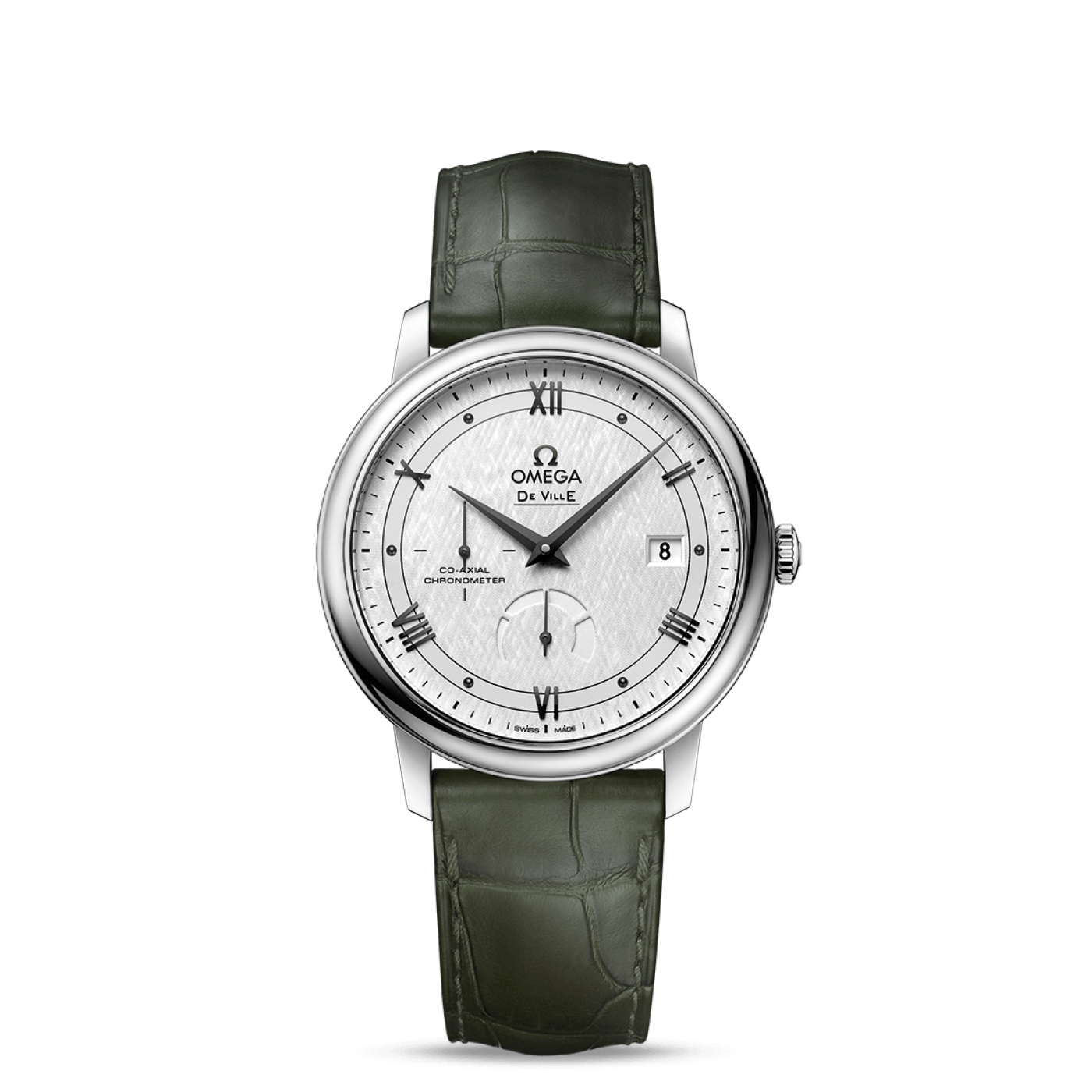 De Ville Prestige Co-Axial in Steel on Green Leather Strap with Silver Dial