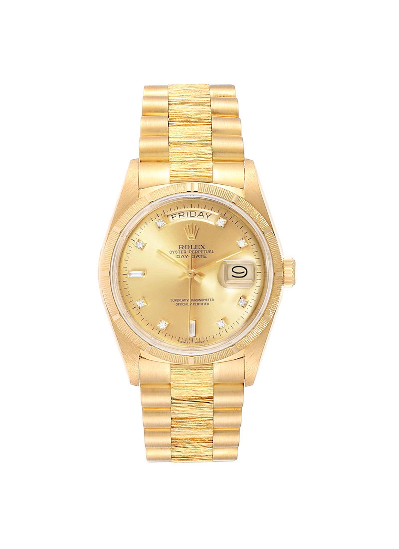 Pre-Owned Rolex President Day-Date in Yellow Gold Bark Finished Bezel