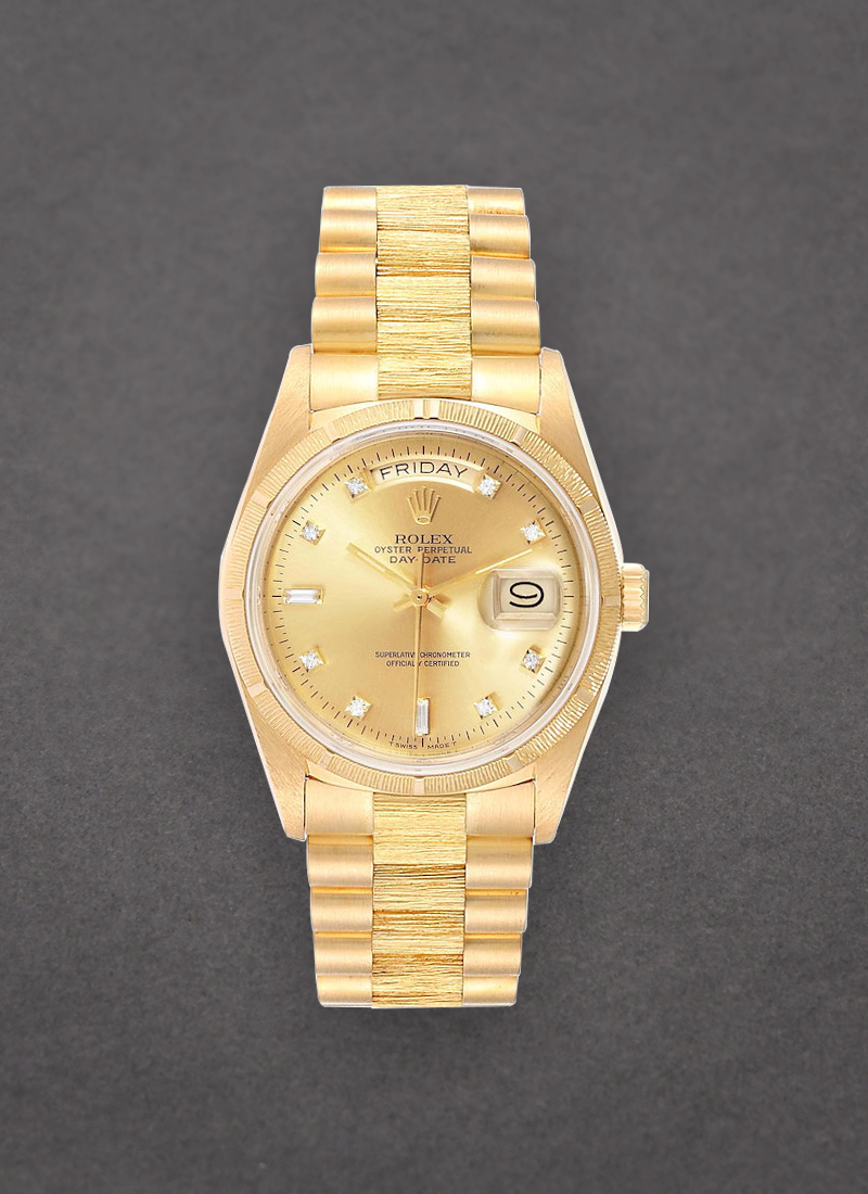 Pre-Owned Rolex President Day-Date in Yellow Gold Bark Finished Bezel