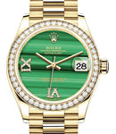 President 31mm in Yellow Gold with Diamond Bezel on President Bracelet with Malachite Dial with Diamond at IV & IX
