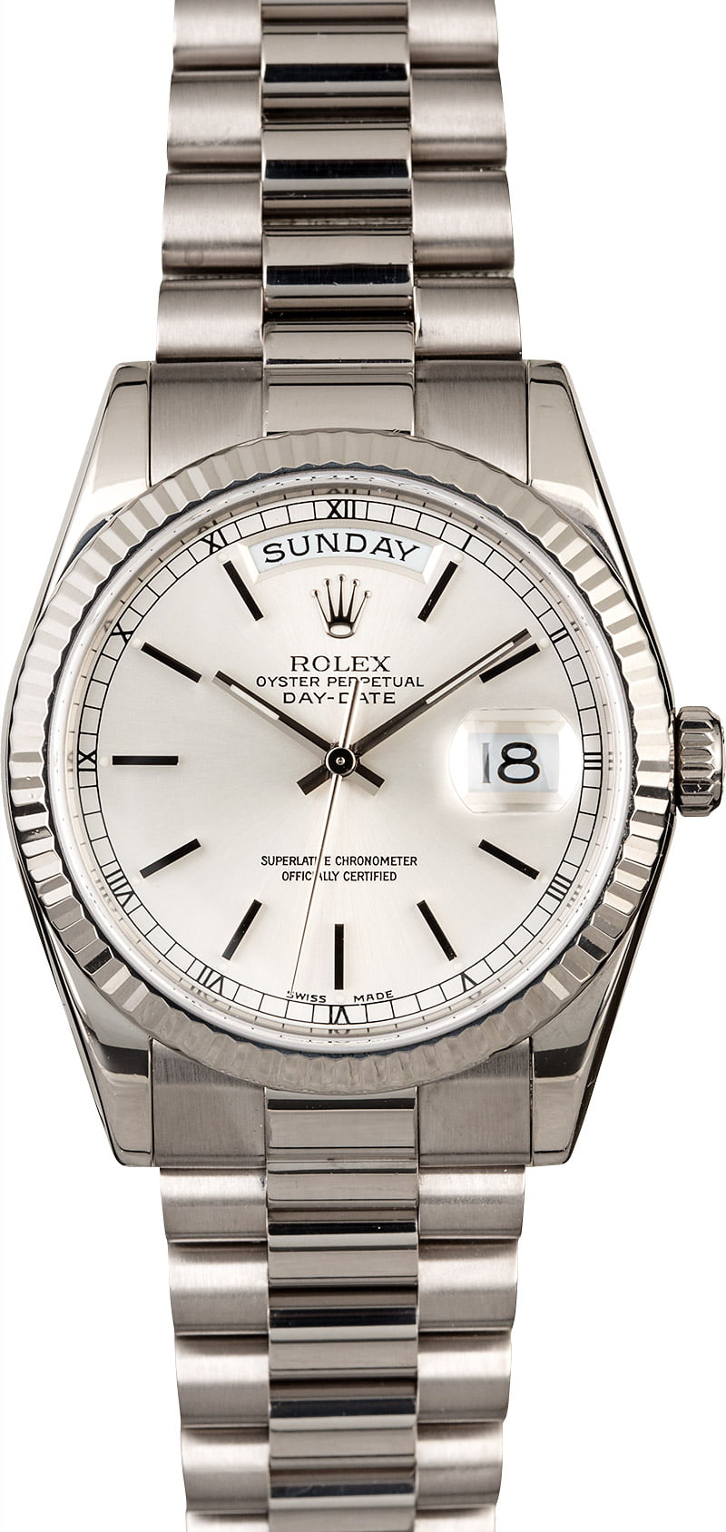 President Day Date 36mm in White Gold with Fluted Bezel on President Bracelet with Silver Stick Dial