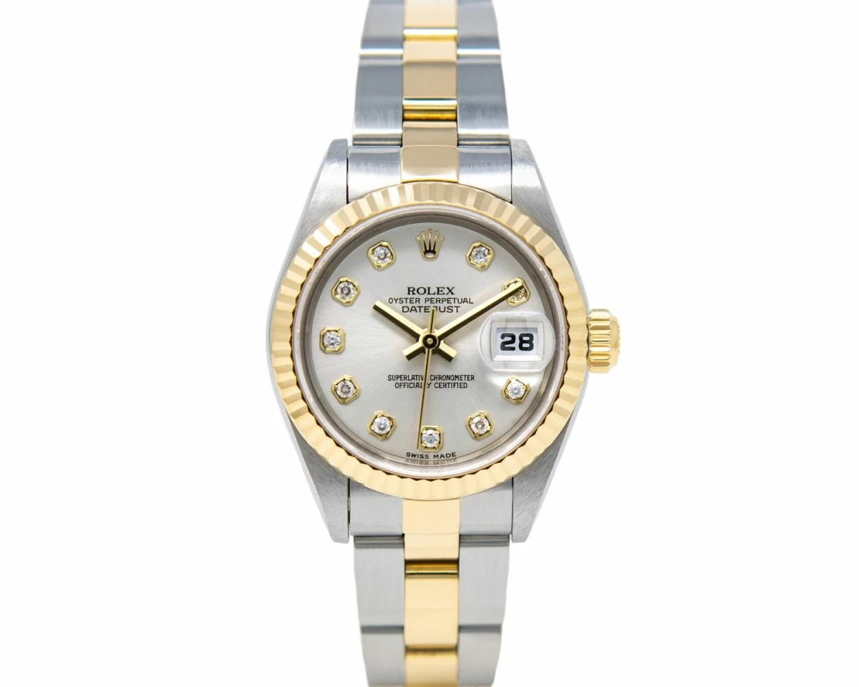 Ladys 2-Tone Datejust in Steel with Yellow Gold Fluted Bezel on Oyster Bracelet with Silver Diamond Dial