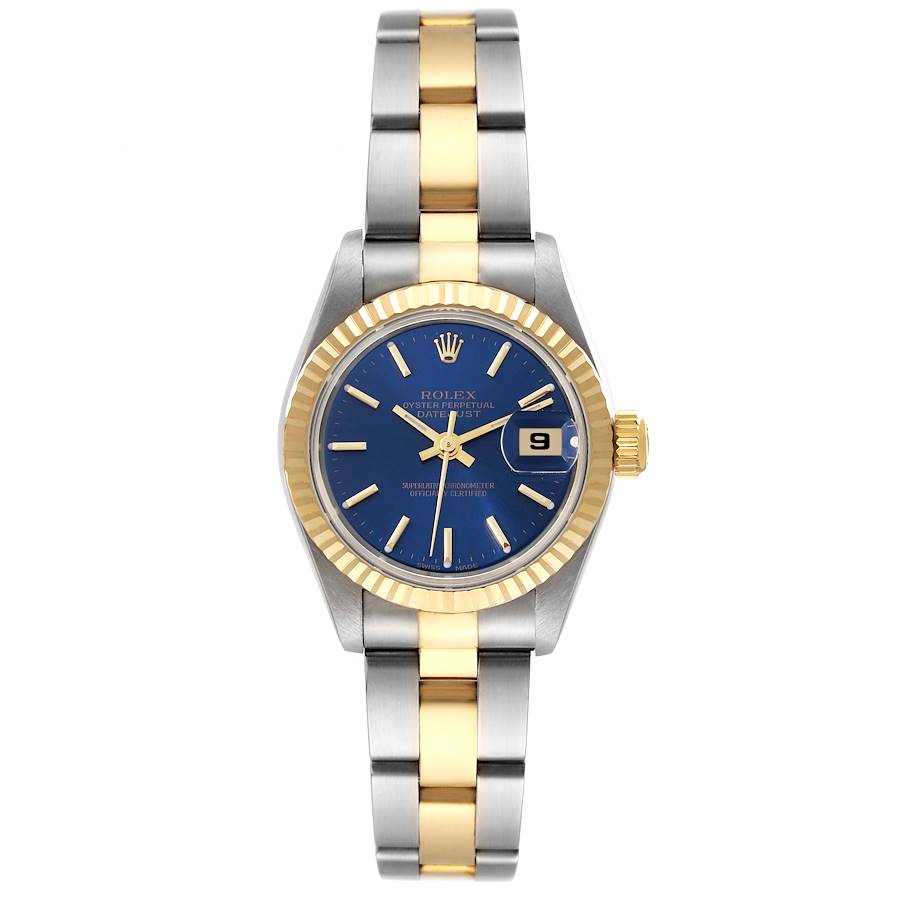 Ladys 2-Tone Datejust in Steel with Yellow Gold Fluted Bezel on Oyster Bracelet with Blue Stick Dial