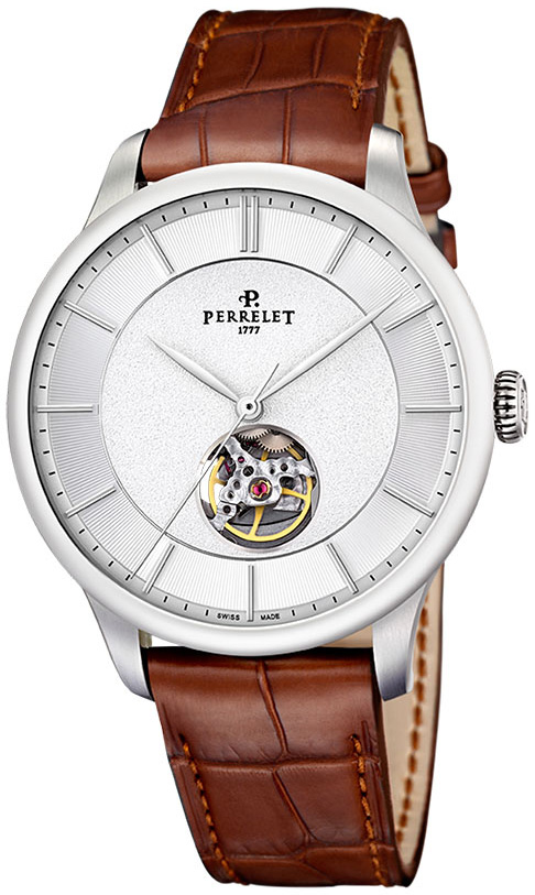 First Class Open Heart 42.5mm Automatic in Steel on Brown Alligator Leather Strap with White Stick Dial