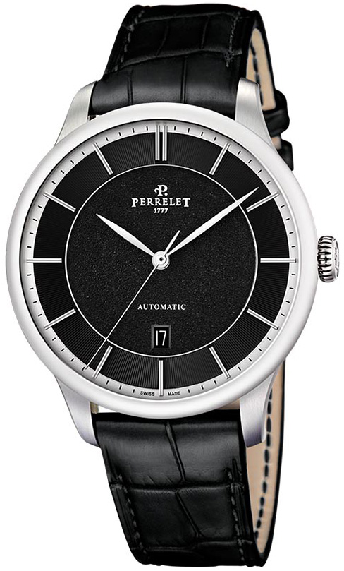 First Class 42.5mm Automatic in Steel on Black Leather Strap with Black Index Dial