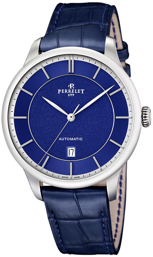 First Class 42.5mm Automatic in Steel on Black Leather Strap with Blue Index Dial