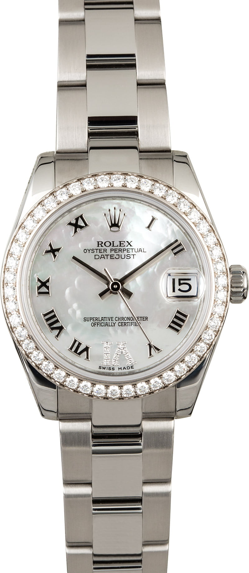 Datejust 31mm in Steel with Diamonds Bezel on Oyster Bracelet with MOP Roman Dial