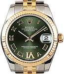 Datejust Midsize 31mm in Steel with Yellow Gold Fluted Bezel on Jubilee Bracelet with Olive Green Roman Dial - Diamonds on IV