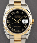 Datejust 36mm in Steel with Yellow Gold Fluted Bezel on Oyster Bracelet with Black Sunbeam Roman Dial