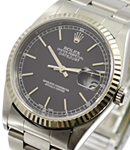 Datejust 36mm in Steel with White Gold Fluted Bezel on Oyster Bracelet with Black Stick Dial
