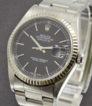 Datejust 36mm in Steel with White Gold Fluted Bezel on Oyster Bracelet with Black Stick Dial