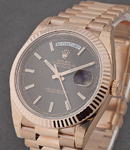 President Day Date 40mm in Rose Gold with Fluted Bezel on President Bracelet with Chocolate Diagonal Motif Stick Dial