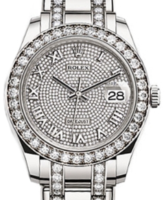 Perpertual Pearlmaster 39mm in White Gold with Diamond Bezel on Diamond Pearlmaster Bracelet with Pave Roman Dial