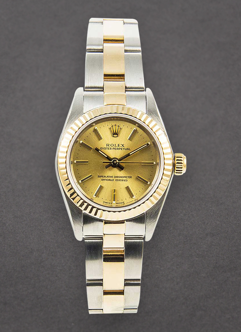 Pre-Owned Rolex Oyster Perpetual No Date Lady's in Steel with Yellow Gold Fluted Bezel