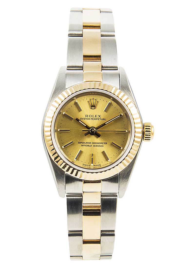 Pre-Owned Rolex Oyster Perpetual No Date Lady's in Steel with Yellow Gold Fluted Bezel