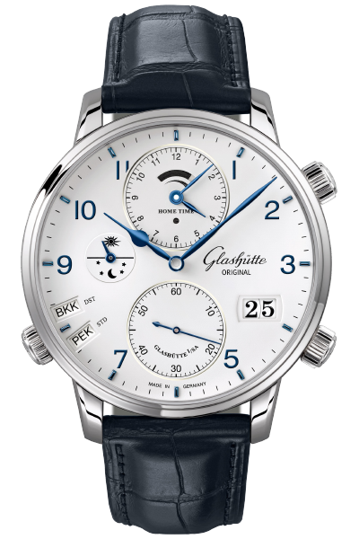 Senator Cosmopolite 44mm Automatic in Steel on Blue Crocodile Leather Strap with White Arebic Dial