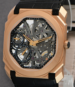 Octo Finissimo Extra Thin 40mm in Rose Gold On Black Alligator Leather Strap with Skeleton Dial