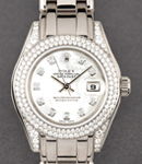 Ladies Masterpiece 29mm in White Gold with 2 Row Diamond Bezel and Lugs on Pearlmaster Bracelet with White MOP Diamond Dial