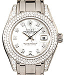 Ladies Masterpiece 29mm in White Gold with 2 Row Diamond Bezel and Lugs on Pearlmaster Bracelet with White MOP Diamond Dial