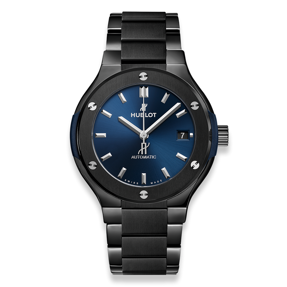Classic Fusion Black Magic in Black Ceramic On Ceramic Bracelet with Blue Sunray Dial