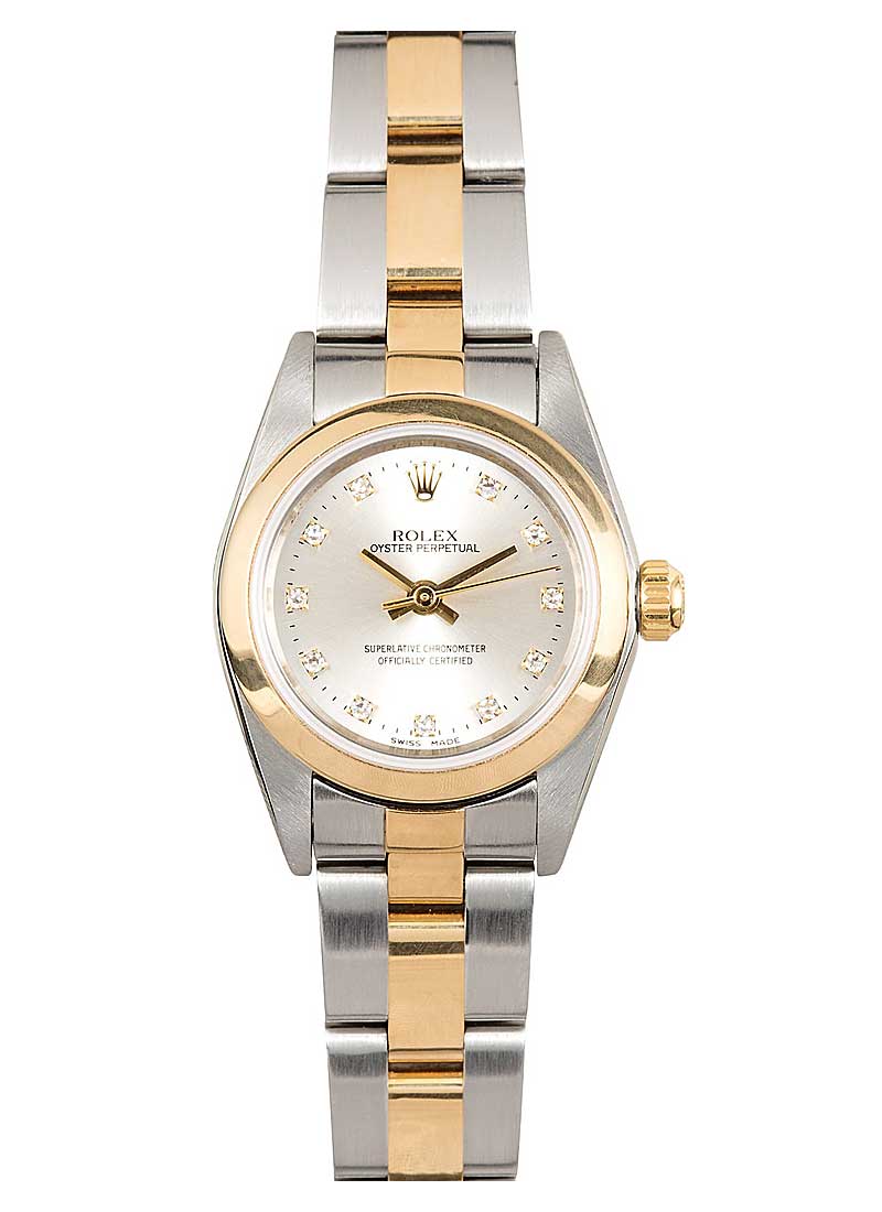 Pre-Owned Rolex Oyster Perpetual No Date Ladies in Steel with Yellow Gold Smooth Bezel