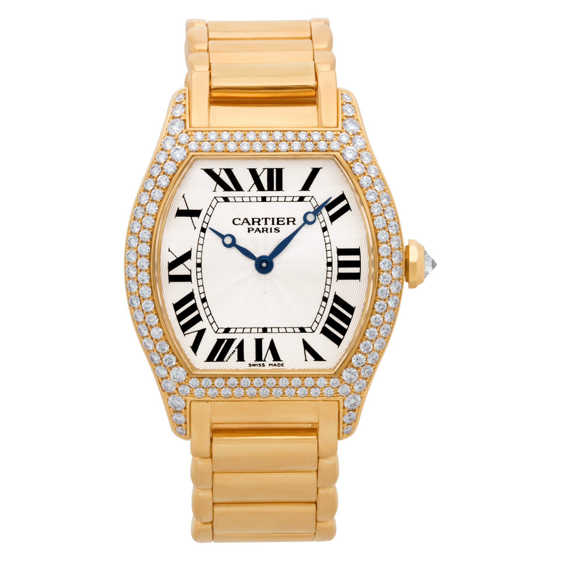 Tortue 33mm in Yellow Gold with Diamonds Bezel and Lugs on Yellow Gold Bracelet with Silver Dial