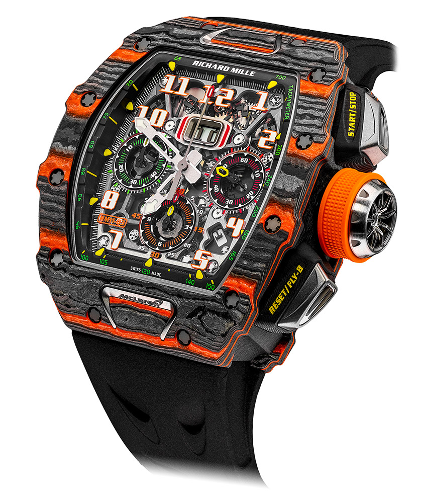 RM 11-03 McLaren Flyback Chronograph in Carbon on Black Rubber Strap with Openworked Dial