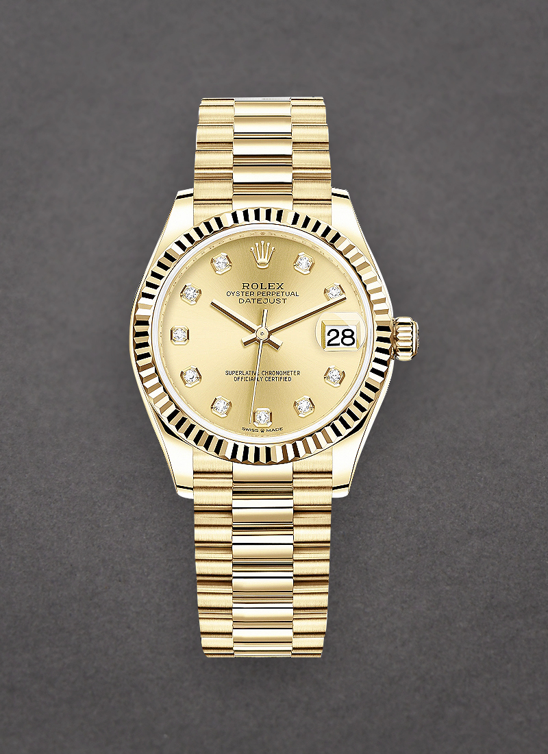 Rolex Unworn President 31mm Mid Size in Yellow Gold with Fluted Bezel