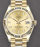 President 31mm Mid Size in Yellow Gold with Fluted Bezel on President Bracelet with Champagne Diamond Dial