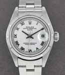 Ladies Date 26mm in Steel with Engine Turn Bezel on Oyster Bracelet with White Roman Dial