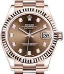 Datejust 31mm Mid Size in Rose Gold with Fluted Bezel on President Bracelet with Chocolate Diamond Dial