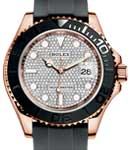 Yachtmaster 40mm in Rose Gold with Black Bezel  on Strap with Pave Diamond Dial