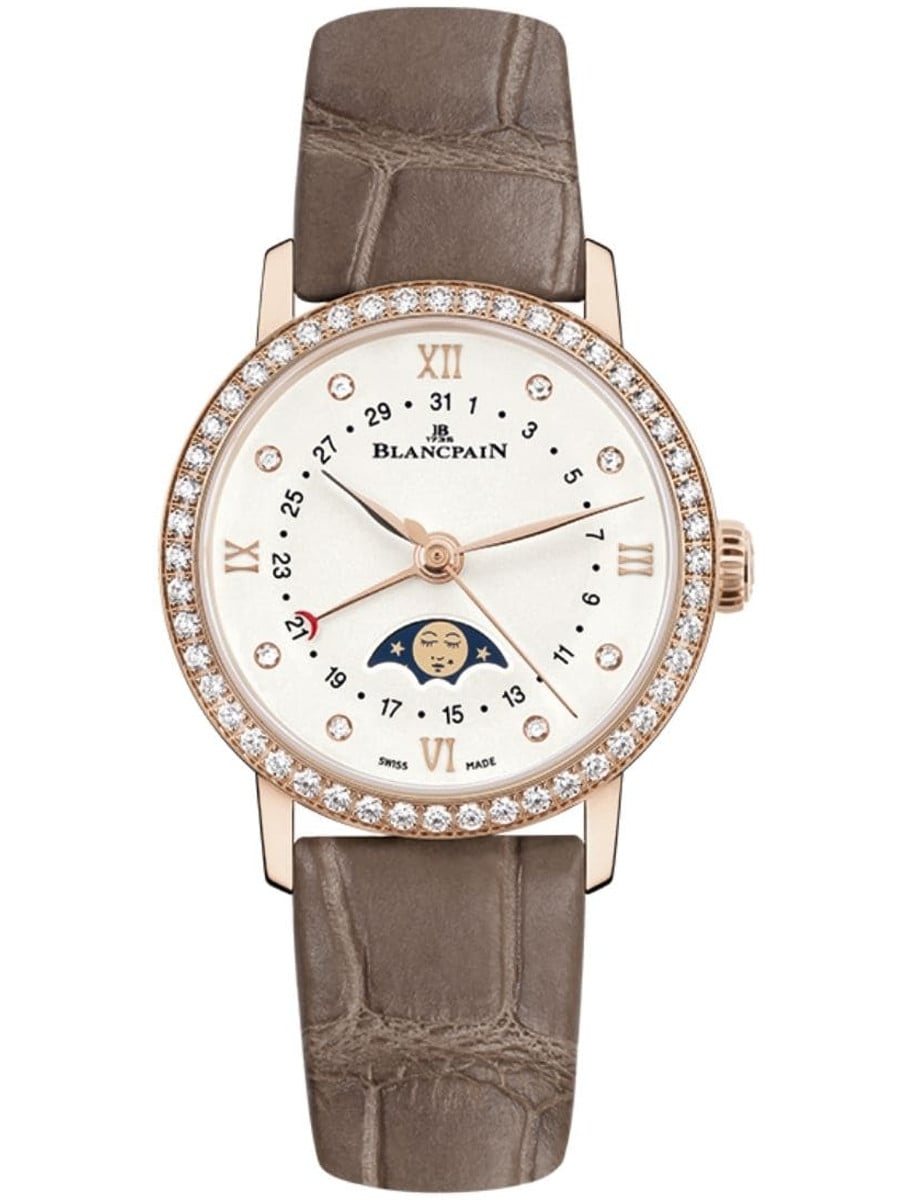 Villeret Quantieme Phases de Lune 29.2mm in Rose Gold with Diamond Bezel on Brown Crocodile Leather Strap with Silver Dial