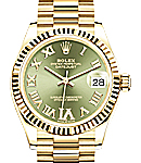 Midsize Datejust in Yellow Gold with Fluted  Bezel on President Bracelet with Green Roman Dial - Diamonds on 6