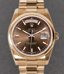 Day Date President 36mm in Rose Gold with Smooth Bezel  on President Bracelet with Chocolate Stick Dial