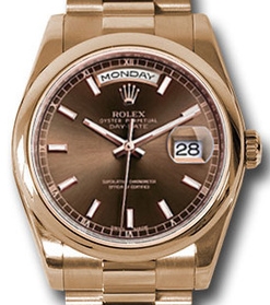 Day Date President 36mm in Rose Gold with Smooth Bezel  on President Bracelet with Chocolate Stick Dial