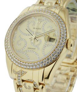 Masterpiece 34mm Midsize in Yellow Gold with 2-Row Diamond Bezel on Pearlmaster Diamond Bracelet with Champagne Diamond Dial