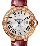 Ballon Bleu de Cartier 33mm n Rose Gold with Diamond Bezel On Burgundy Alligator Leather Strap with Silver Sun-Brushed Dial