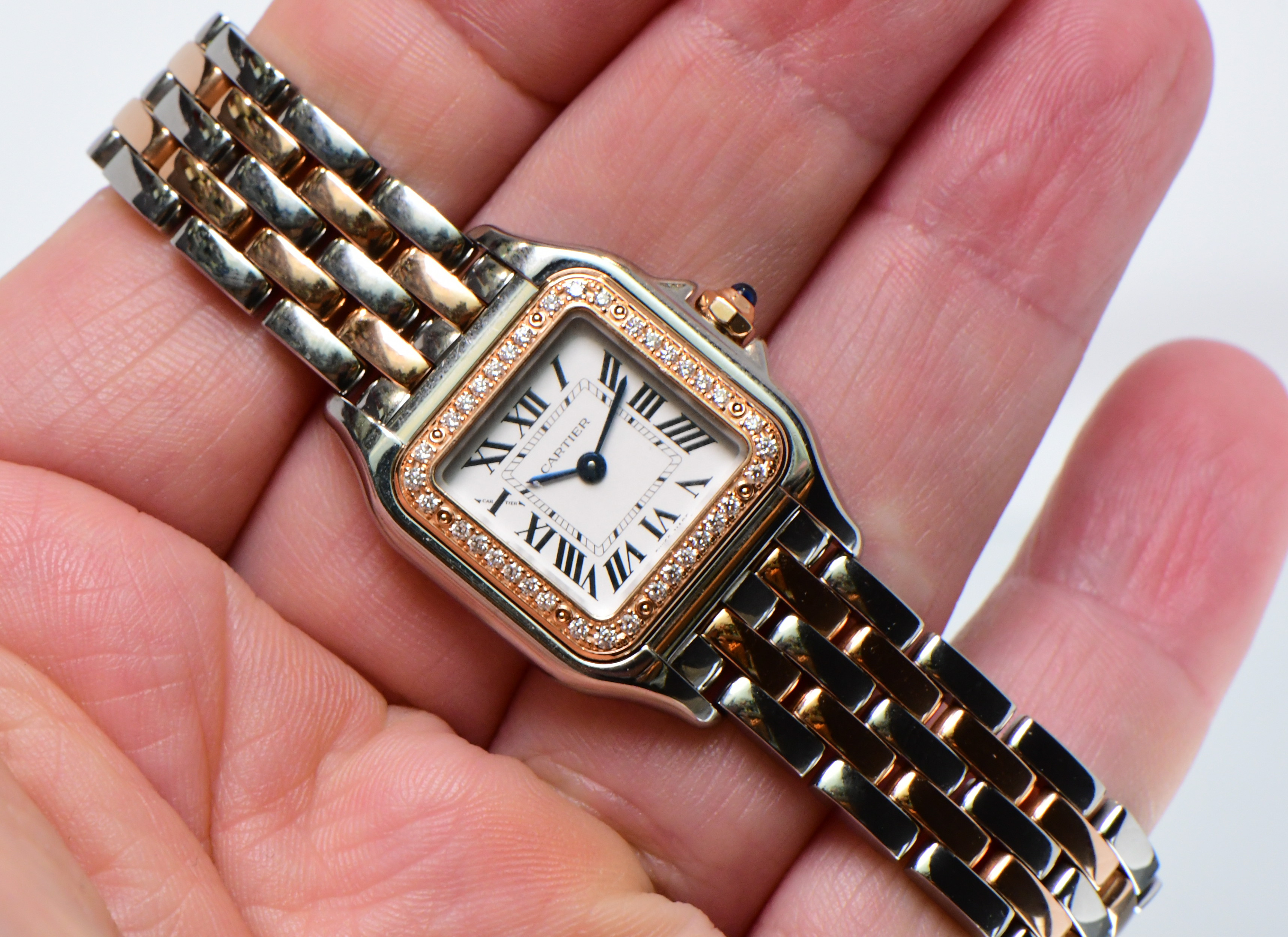 Cartier Panthere de Cartier in Steel with Rose Gold Diamond Bezel on 2-Tone Bracelet with Silver Dial