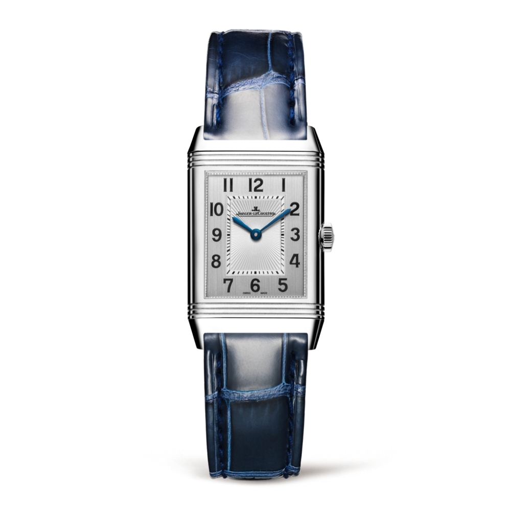 Reverso Classic Small in Steel on Blue Crocodile Leather Strap with Silver Dial