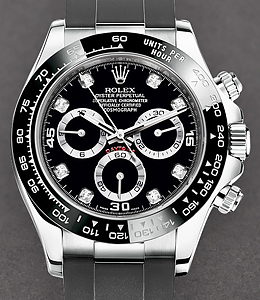 Daytona 40mm in White Gold with Black Ceramic Bezel on Oysterflex Strap with Black Diamond Dial